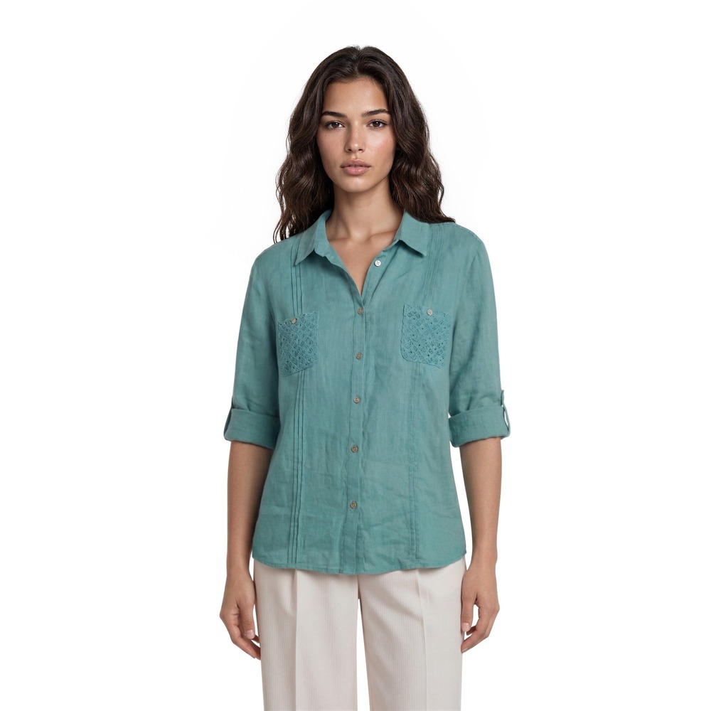 John Mark 100% Linen Blouse Shirt Top Women's Size 2X Teal Crochet Lace Pintuck